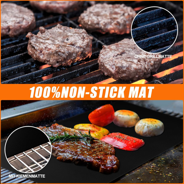 Grillmatte for grill, 40x33cm, sett med 8 gjenbrukbare grillark for utendørs bruk