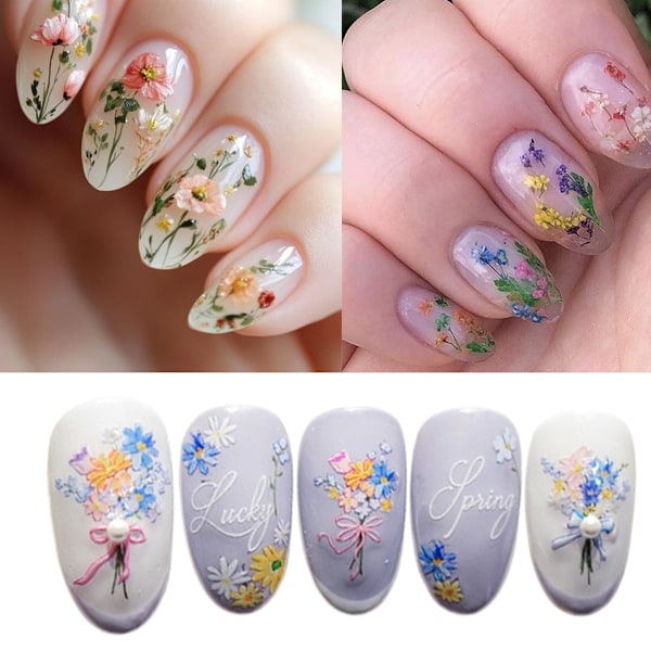 Blomster Nagelstickers för Nagelkonst - 5D Präglade Blomster Nagelkonst Stickers Sommar Blommig Blad Tusensköna Nageldekaler Självhäftande Blommor Nageltillbehör för W