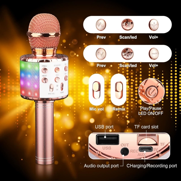 (Roséguld) Trådlös Karaoke Mikrofon, Bärbar Bluetooth Karaoke Mikrofon för Barn/Vuxna Sjunger