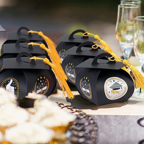 Graduation Candy Boxes 48 stk. Doktorhatformede gaveæsker Grad Cap Candy Boxes med gul