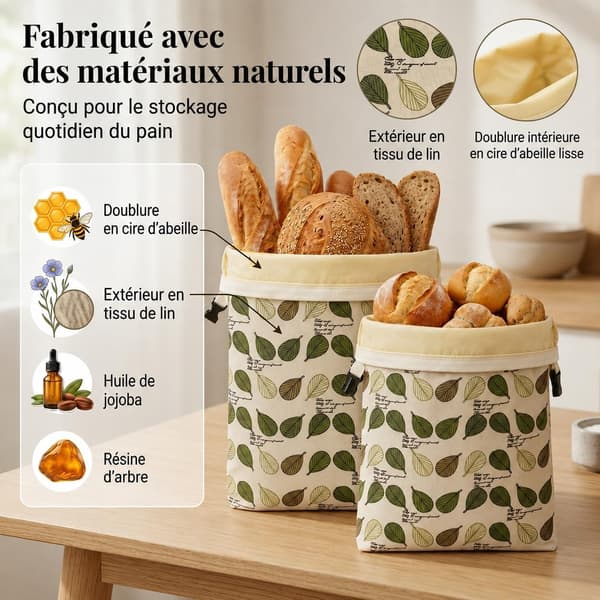 Återanvändbara brödpåsar i bivax 43 x 33 cm, set om 2 | Naturligt bivaxfoder; andningsbart, tvättbart och återanvändbart