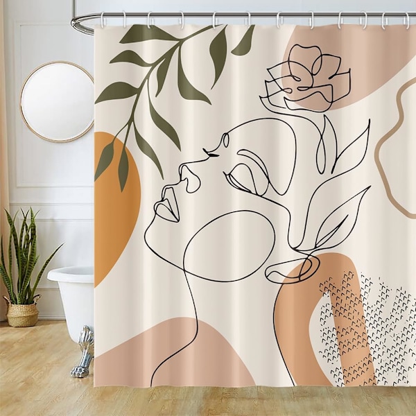 180Lx180Hcm Abstrakt Ansikt Dusjforheng, Svarte Dusjforheng Minimalistiske Linjer Badeforheng Anti-Mugg Vanntett Polyester Stoff Vaskbart Baderom