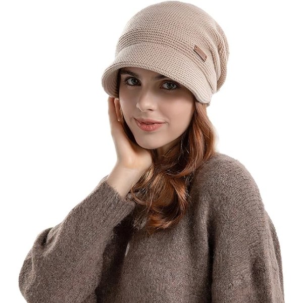 （khaki farge）Vinterlue for kvinner, fleeceforet med rand, strikket varm ørebeskyttelse Vinterlue med