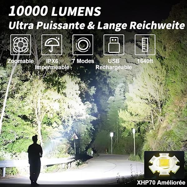 Erittäin tehokas LED-taskulamppu, 10000 lumenin ladattava taskulamppu, P