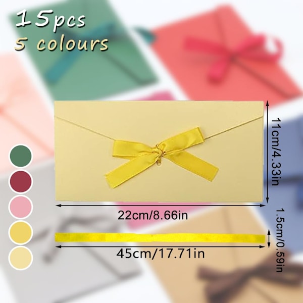 15-pack Retro Kraft Kuvert Färgade Kuvert Postkort Kuvert Pärlemorpapper Kuvert 22×11cm Rosett Presentkuvert för