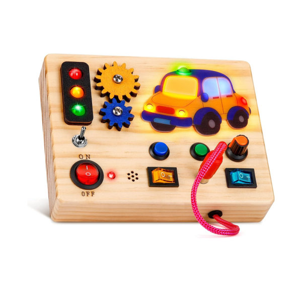Busy Board Montessori-leksak för barn 2 3 4 år gammal, träleksak med lysande LED-knappar, sensor