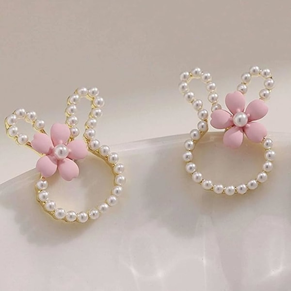 Påskeøredobber Søte Kanin Perle Blomster Øredobber for Kvinner Vår Ferie Smykker Gaver (Rosa)