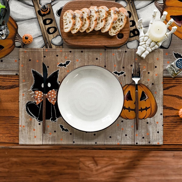 Trepolka Dot Spøkelseskatte Halloween Servietter Sett med 4, 12x18 Tommer Sesongmessige Bordmatter for Fest Kjøkken Spisestue Dekor