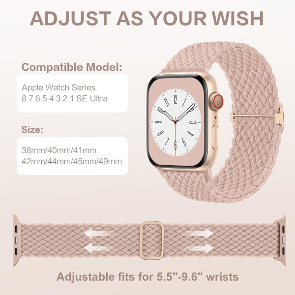 Flettede Solo Loop-stropper, der er kompatible med Apple Watch-remme 45 mm 44 mm 42 mm 49 mm Sand Pink