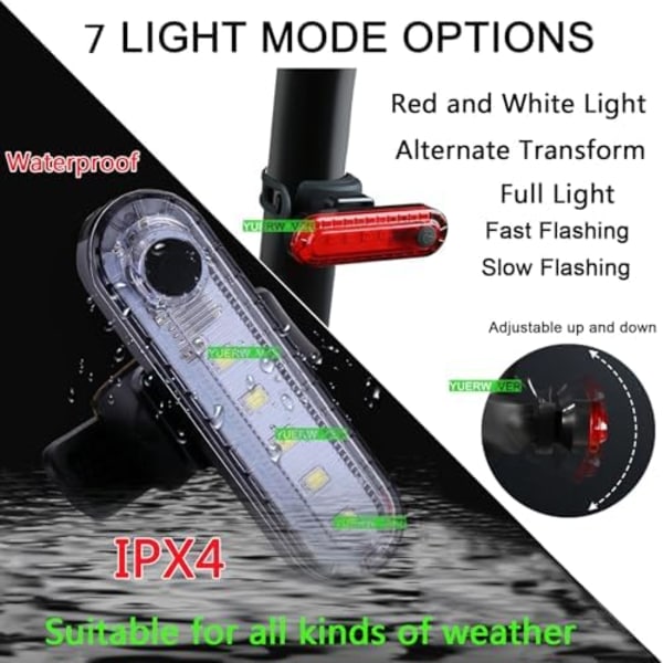 2-pak USB-oppladbart LED-sykkellys Baklys Sykkellys Nattlig Essensielt Reflektorsete Sikkerhetslampe W
