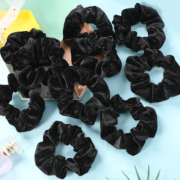 Svart 12-pack Scrunchies för kvinnor, Premium Velvet Scrunchy för H