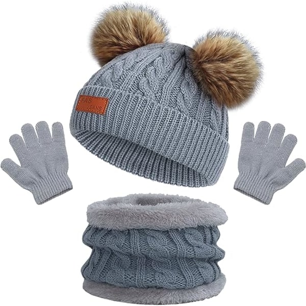 Barn Vinter Warm Beanie Hat Scarf Handskar Set grå Thermal Kn