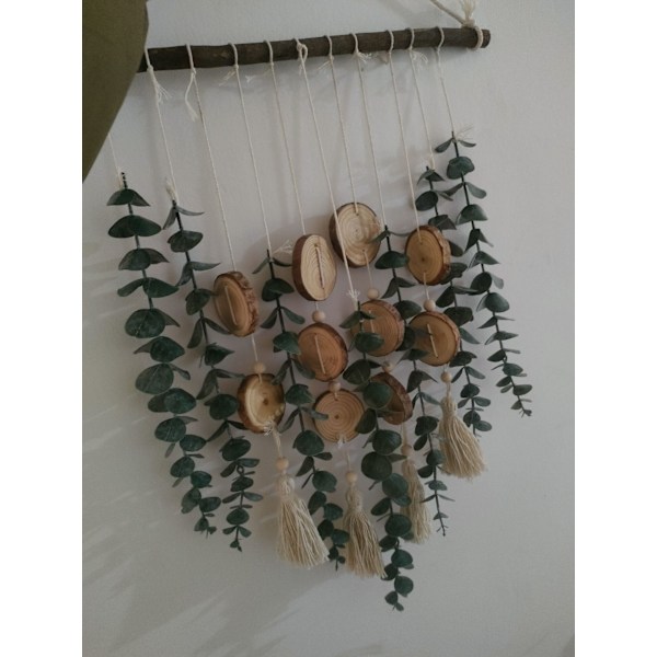 Kunstig Eucalyptus Veggdekorasjon Falske Grønne Blader Stilker Vegg Hengende Planter på Trepinne Boho Rustikk Landstil