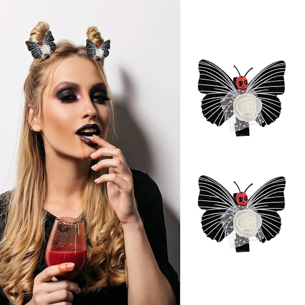 2 stk Halloween Sorte Butterfly Hårklemmer Skull Butterfly Rose Gothic Hårnåle Hårtilbehør til Halloween Cosplay P