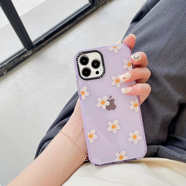 iPhone 15 Pro Max -kotelo naisille, Violetti söpö Daisy- ja kamomillakukkakuosi, tyttömäinen muotoilu, Kawaii-estetiikka, sarjakuva