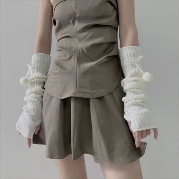 2 par Armvärmare för Kvinnor Söta Y2k Flickor Punk Bomulls Stickade Fluffiga Pom-Pom Långärmade Fingerlösa Vantar Kawaii