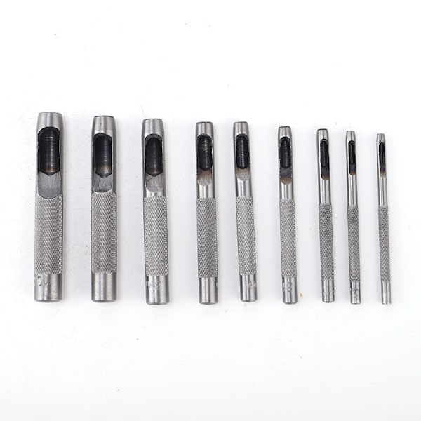 9-delad stansset i stål, 2,5-10 mm, kraftig, rund, läderstans