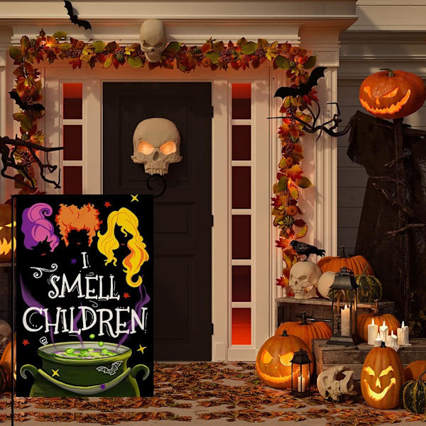 1 kpl Halloween-koristepuutarhalippu 12x18 Pysty, kaksisivuinen ”I Smell Children” Syksyn ulkokoriste Burlap Piha