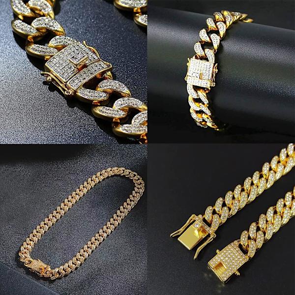 2 stk Hip Hop Diamantkjede, Miami Halskjede, Miami Armbånd, M