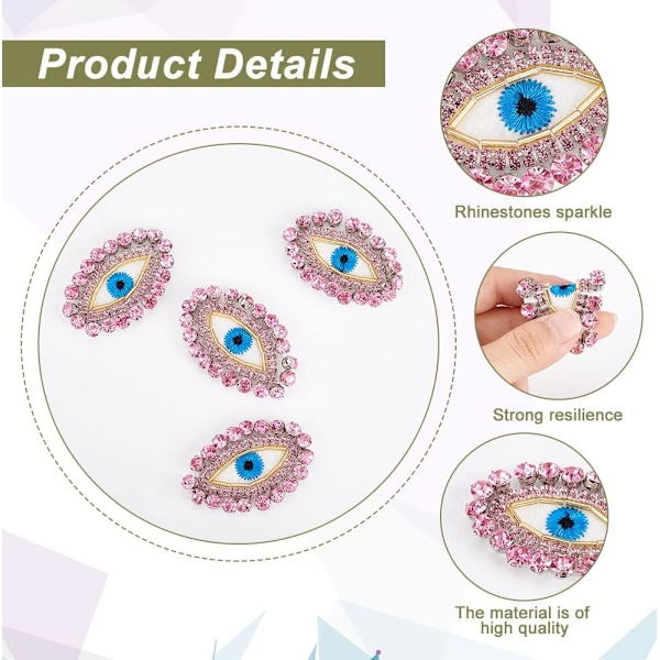 4 stk Øye-Perlelapper for Klær, Ondt Øye Lapp Rosa Rhinestone Perlebrodert Sy-på Applikasjon Motiv Applikasjon Merke for DIY