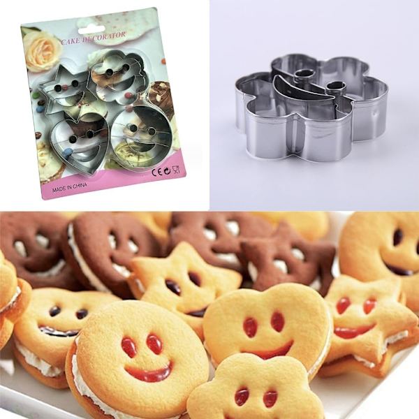 4 stk. kageform i rustfrit stål, smiley-kageform, metal kageform til fo