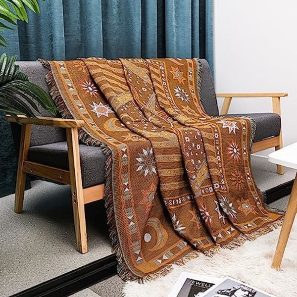 130x160cm Boho Kastan  Boheme Tæppe til Sofa, Vævet Boho Tæppe Dekorativt Kast Tæppe Tæppebetræk til So