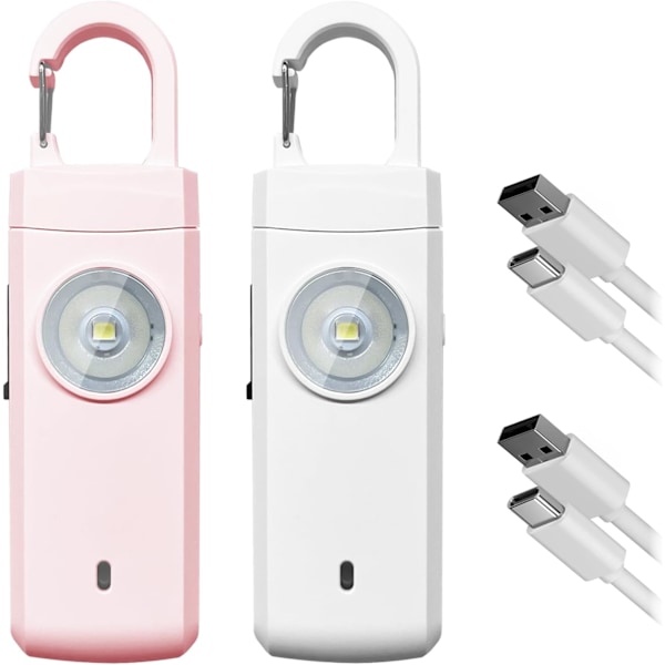 2 stk Personlig Alarm 130dB Lommealarm med LED-blitslys Oppladbar Anti-angreps Sikkerhetsalarm Nøkkelring for Kvinner