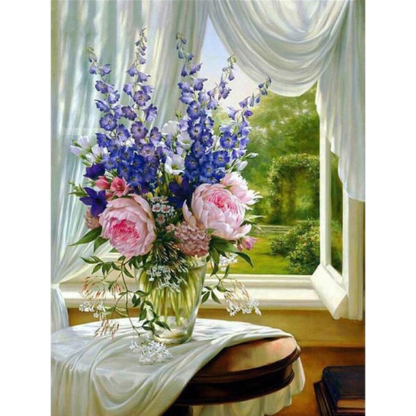 30 x 40 cm, bouquet devant la fenêtre Diamond Painting Broderie