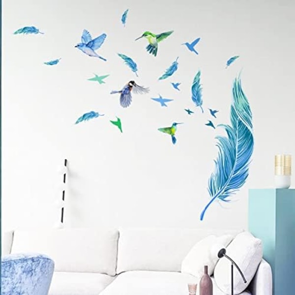 (30×60×0.2cm) Blå fjäder väggdekaler Kolibri väggdekaler för vardagsrum Sovrum Matrum Dekoration