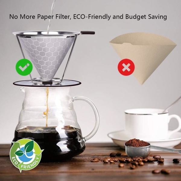 Kaffe Filter, Permanent Kaffe Filter Papirløs Rustfrit Stål Kaffe Filter med Dobbelt Rustfrit