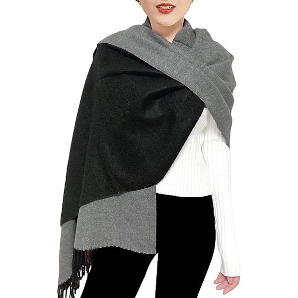 (NIOR+GRÅ) Dame Kasjmirskjerf Vinter Reversibel Pashmina