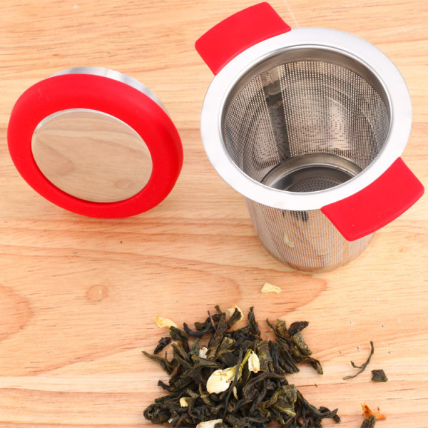 (Rød) Tefilter i rustfritt stål te-infuser tesil med silikonhåndtak og lokk med fint hull for