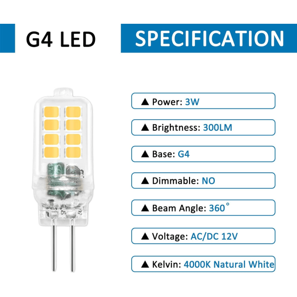 G4 LED-lampa 12V 3W, ej dimbar, 16 SMD 300LM Neutralvit 4000