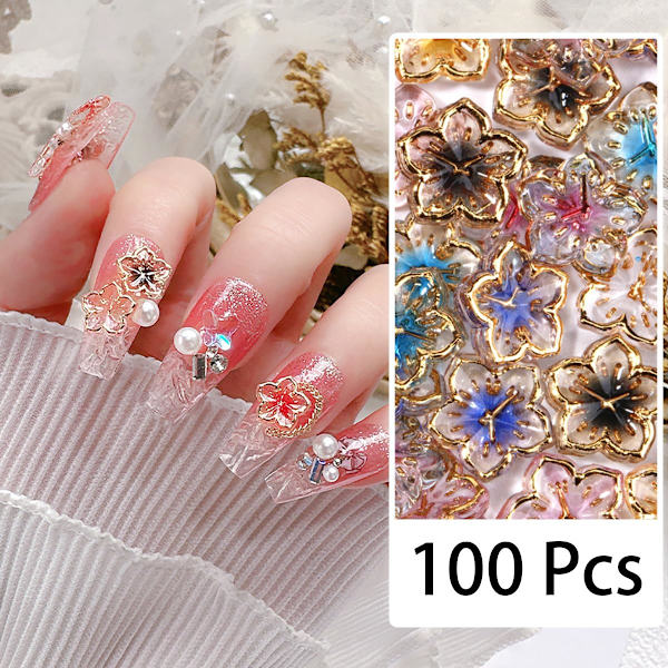 100 stk Blomst Neglepynt Flatback Harpiks Charms Design 3D Blomster Negle Steiner og Charms Forsyning Akryl Vår Blomst Tin