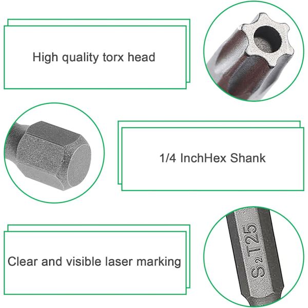 11-osainen käsikäyttöinen ruuvimeisselisarja, 100 mm pitkä, 1 käsikahvalla, S2, 1/4 tuuman Torx-ruuvimeisselit