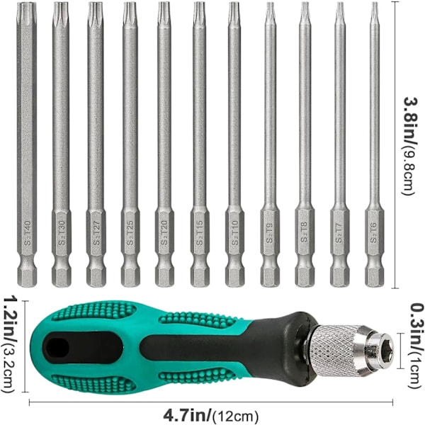 11-osainen käsikäyttöinen ruuvimeisselisarja, 100 mm pitkä, 1 käsikahvalla, S2, 1/4 tuuman Torx-ruuvimeisselit