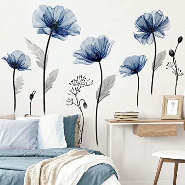 80x170cm Blå Blommor Väggdekaler Stora Blå Blommor Väggdekal Vallmo Växt Väggdekoration Vardagsrum Sovrum Badrum