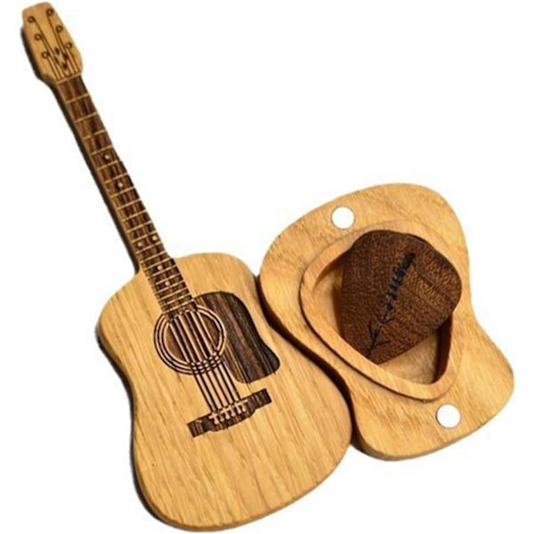 12×5.5×2cm Mini Gitarrformad Plektrumhållare, Trägitarr Plektrumlåda med Stativ, Trägitarr Plektrumlåda Hållare med 3 St Plektrum