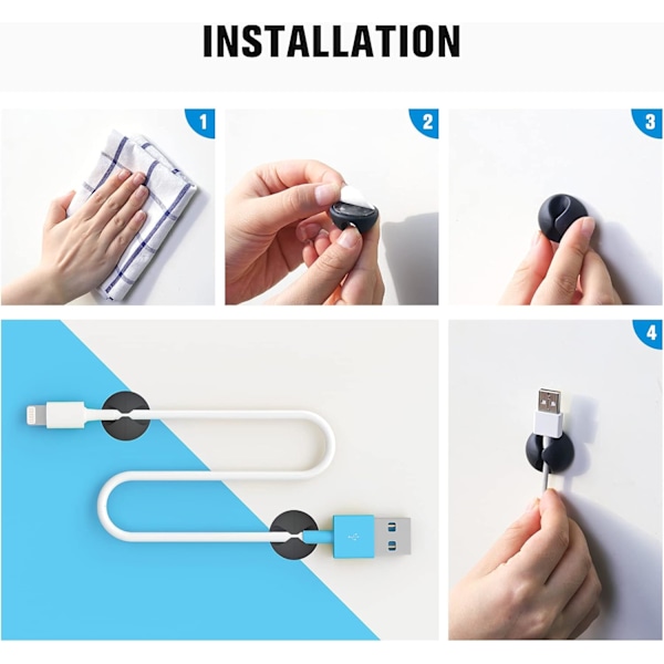 12 Pakning Kabelklemmer, Ledningsorganisatorholder Selvklebende Kabelhåndtering Lader Ledningsholder Klemmer for Skrivebord, Hjem, Kontor, Bil, Kiosk, Nattbord Svart