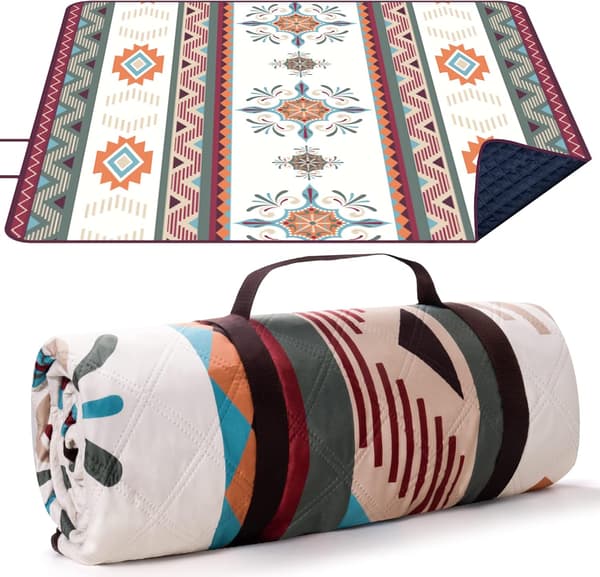 Boho piknikteppe, 200x200cm sandfritt strandteppe, bærbart, vaskbart piknikteppe