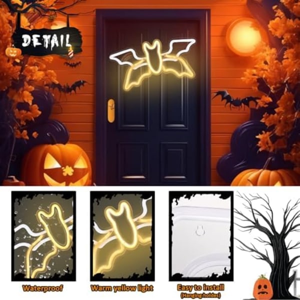 Halloween Neon-skylt, Flygande Halloween-fladdermus Neonljusskylt med Justerbar Hastighet, Neon Halloween Dekorationer för Vägg