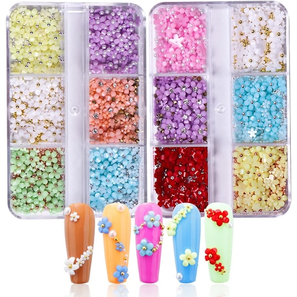 2 lådor blommiga nagelkonstdekorationer(1), 3D nagelblommor nagelkonst, eleganta nageldekorationer, vackra