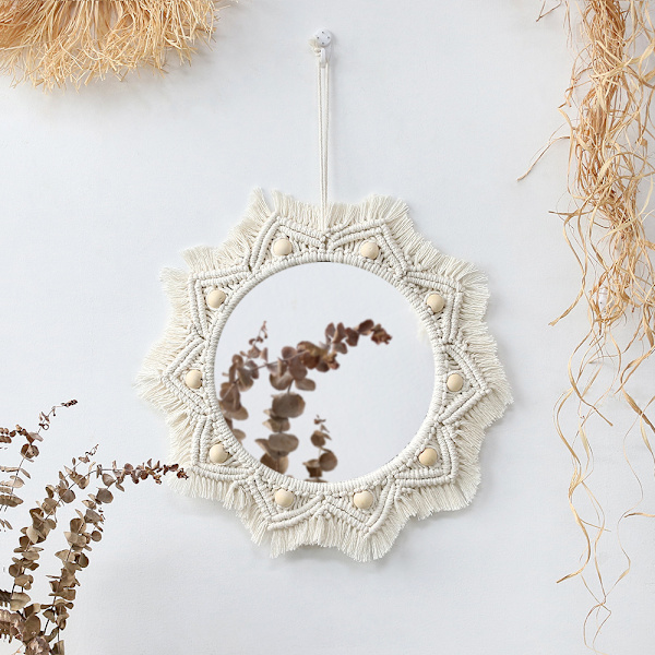 Väggdekor Spegel Macrame Cirkel Hängande Spegel för Sovrum Vardagsrum Lägenhet Entré Heminredning