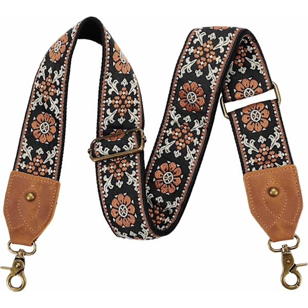Brun blomsterveskestropp, 2\" Crazy Horse lær-ende skulderstropp justerbar erstatning, Retro Jacquard brodert Mul