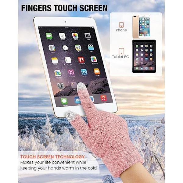 (Rosa, Svart) 2 par dam vinter touch screen handskar, varma stickade handskar, elastiska manschetter, vinter