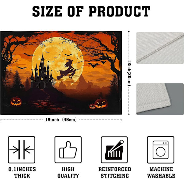 Halloween-noita pellava-alustat, 4 kpl, 12x18 tuumaa, lepakko-linna-kurpitsa pöytäalusta, lämmönkestävä, pestävä, pyyhittävä