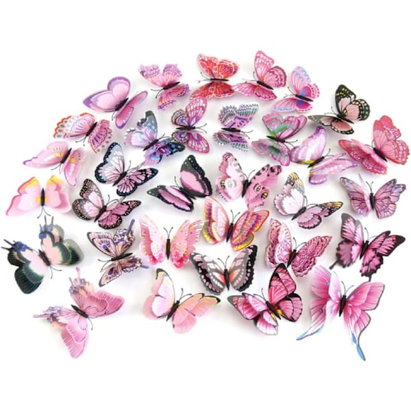 12 stk. 3D Rosa Sommerfugl Veggklistremerker Dekor Kunstdekorasjoner