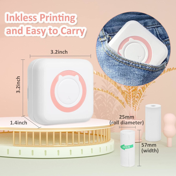Mini kannettava langaton Bluetooth-lämpötulostin, jossa 5 rullaa tarroja ja 5 rullaa lämpöpaperia