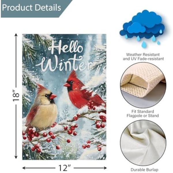 12x18 Tommer  Hello Winter Haveflag Kardinal Fugl Snedækket Dobbeltsidet Velkommen Lille Feriegård Haveflag Udendørs
