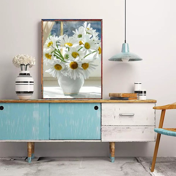 MH-(30x40cm) 5d Diy Timanttimaalaus Valkoiset Päivänkakkarat Vaasi Keraaminen